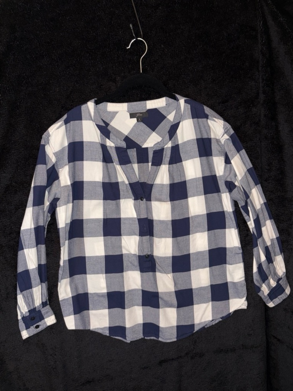 J J.Crew Buffalo Plaid Band-Collar Henley Blouse US 4–6) Navy White Preppy EUC